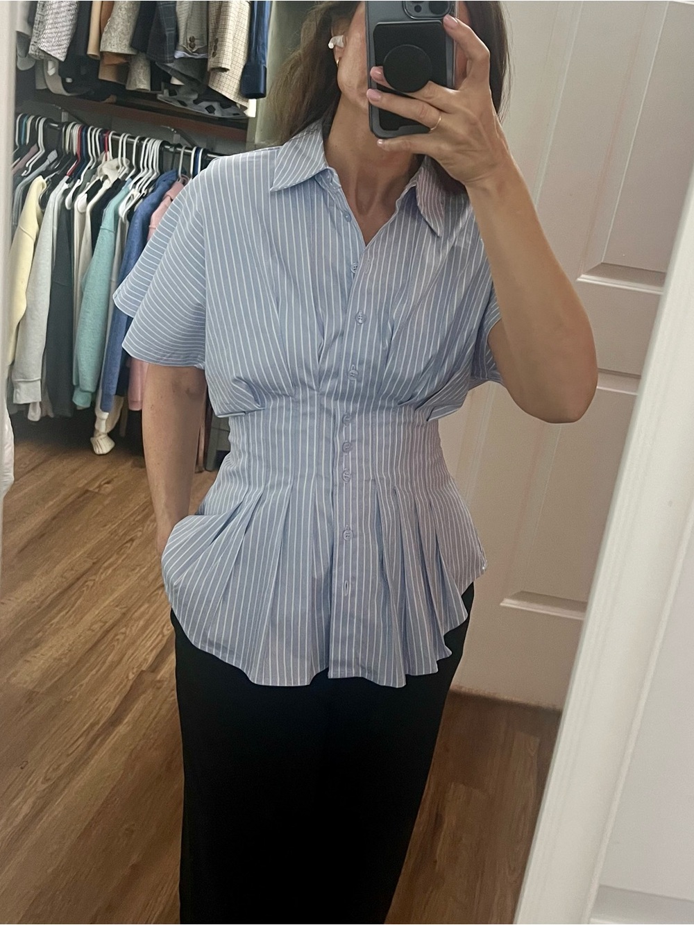 Altar'd State Poplin Light Blue & White Pinstripe Peplum Button-Up Blouse